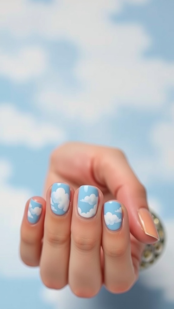 Close-up of short nails with a dreamy cloud design on a blue background.