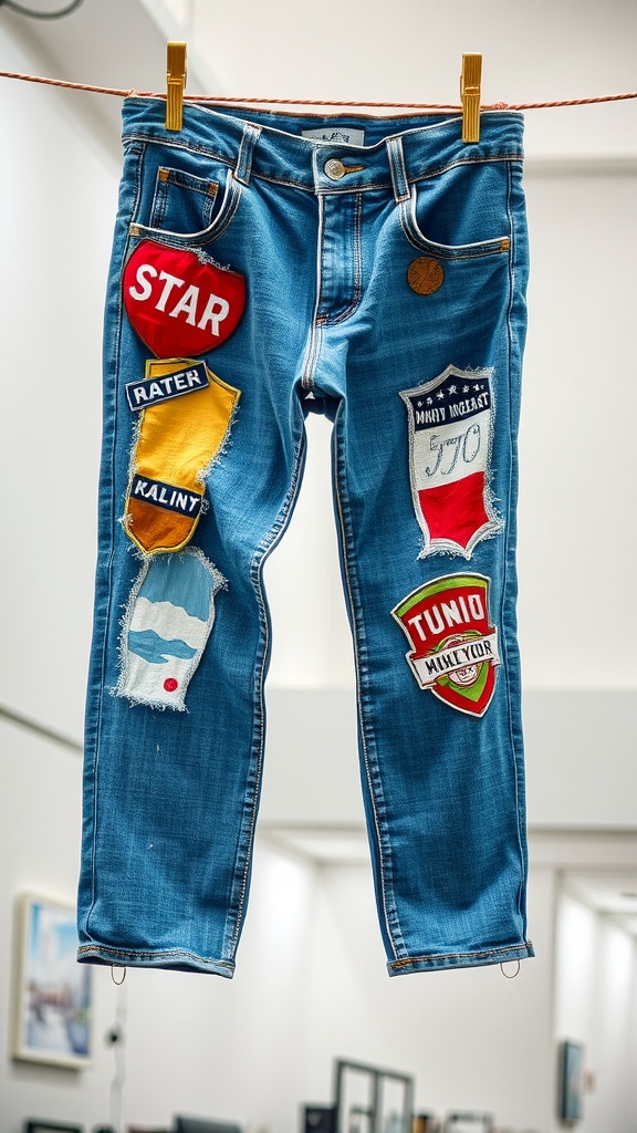 A pair of denim jeans with various colorful patches hanging on a clothesline.
