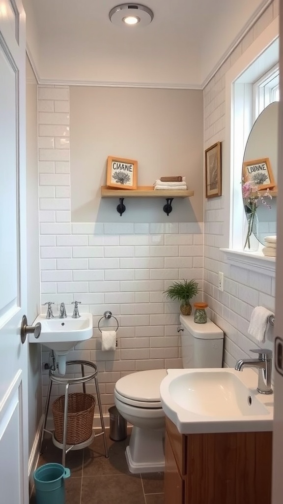 A cozy half bathroom featuring a small sink, a toilet, and shelves with decorative items.
