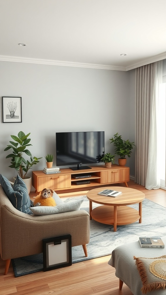 A cozy living room with a TV, coffee table, and plants, showcasing a dual-purpose space.