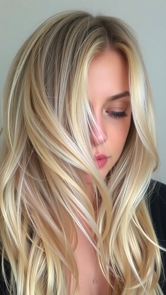 A close-up of a woman with dusty blonde hair styled in soft waves, showcasing subtle highlights.