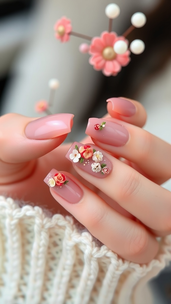 Nails featuring a gradient from dusty rose to blush pink with floral designs.