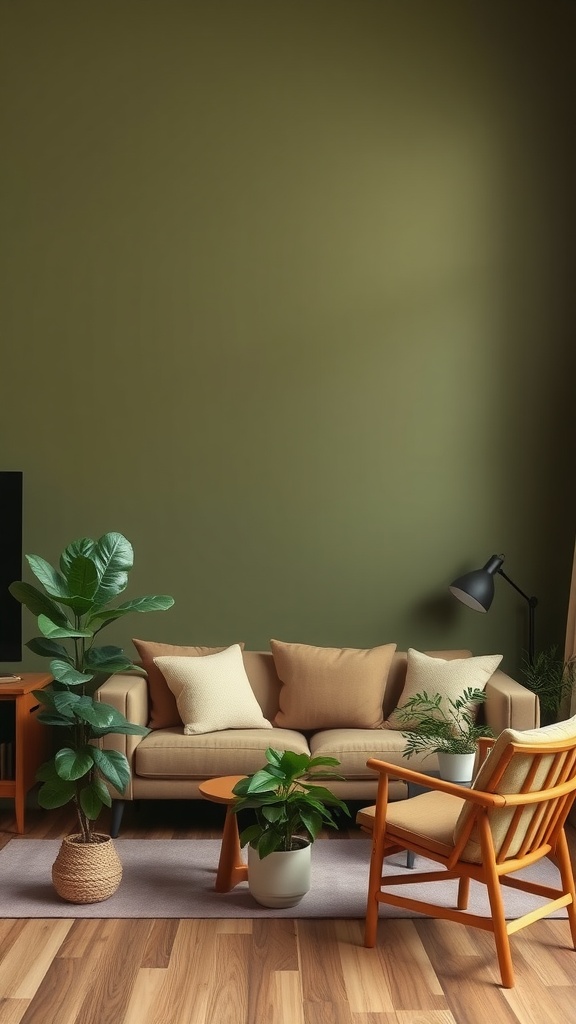 A cozy living room with earthy olive green walls, a beige sofa, and various indoor plants.