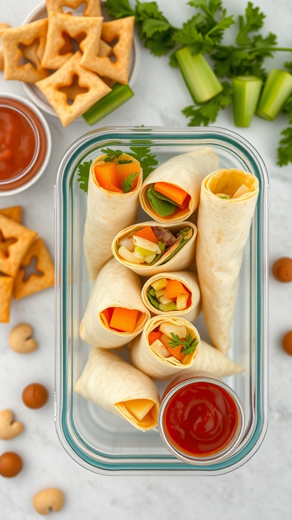 A colorful display of cheese wraps filled with fresh vegetables, served with dipping sauce.
