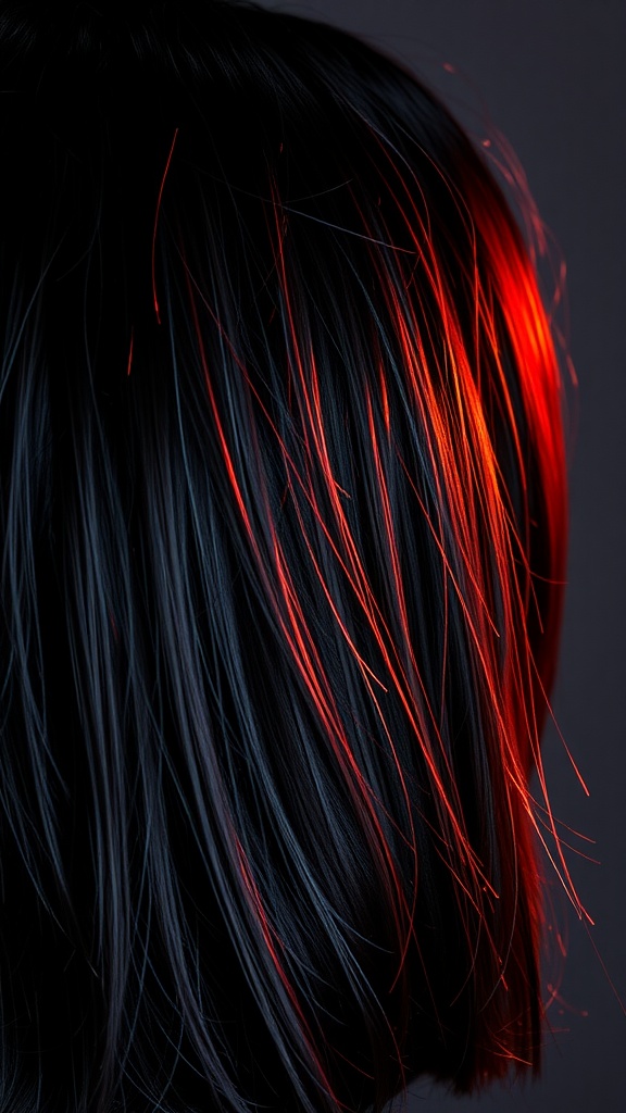 Close-up of black hair with subtle red highlights
