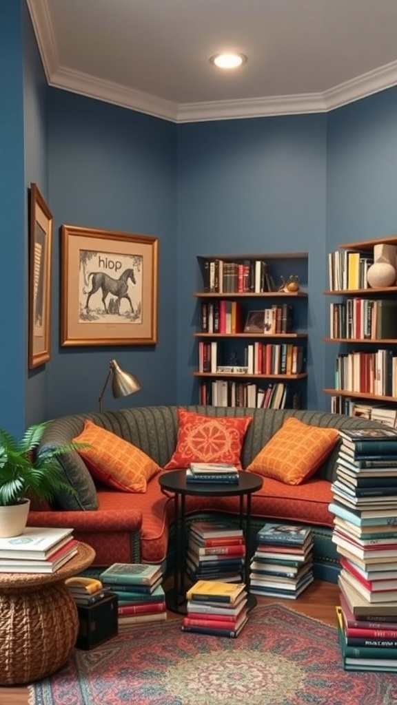 Cozy reading nook with a blue wall, curved sofa, and stacks of books.