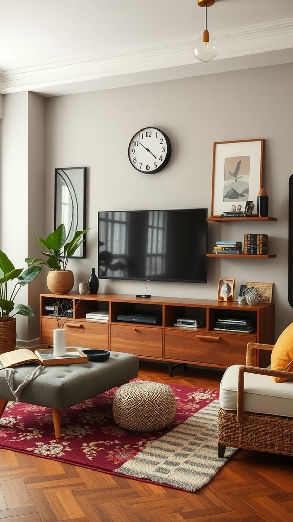 A stylish entertainment center featuring a mix of modern and vintage decor elements.