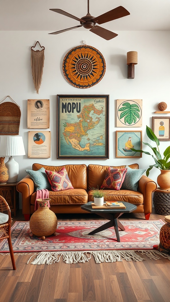 A stylish living room featuring a brown couch with colorful cushions, global art on the walls, and eclectic decor elements.