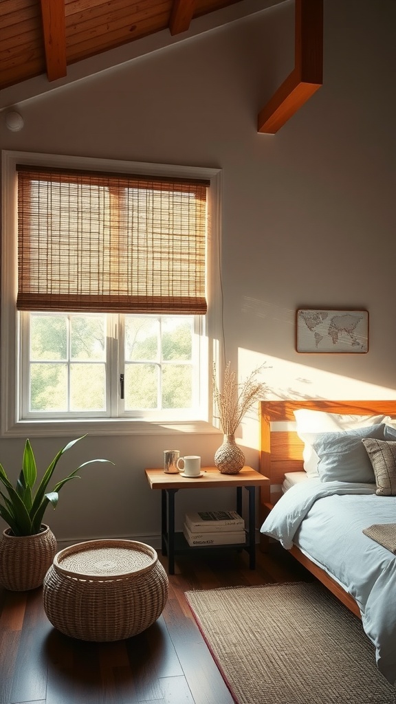A cozy bedroom featuring eco-friendly bamboo shades on the window, with a wooden bed and plants.