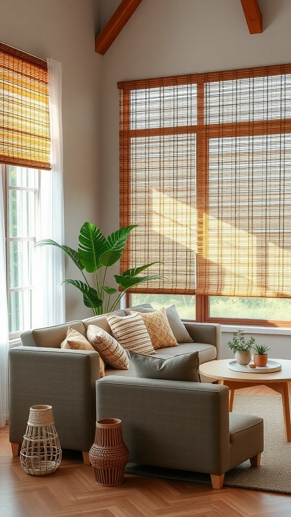 A cozy living room featuring bamboo shades on the windows, with a modern sofa and plants.