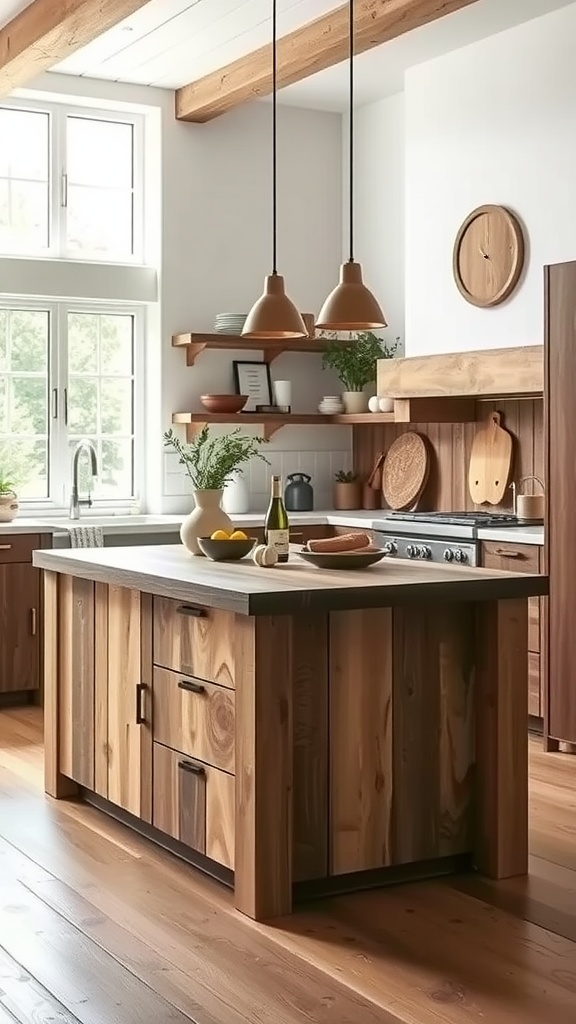 A modern kitchen featuring a wooden island with eco-friendly materials.