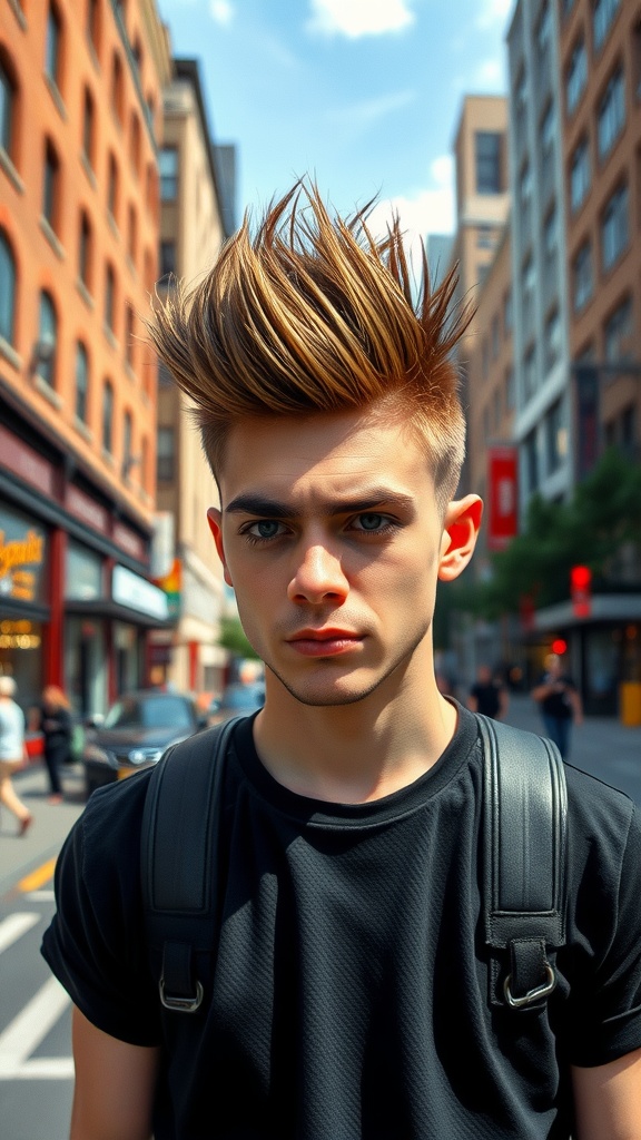 A young man with a stylish faux hawk hairstyle, standing in a city street.