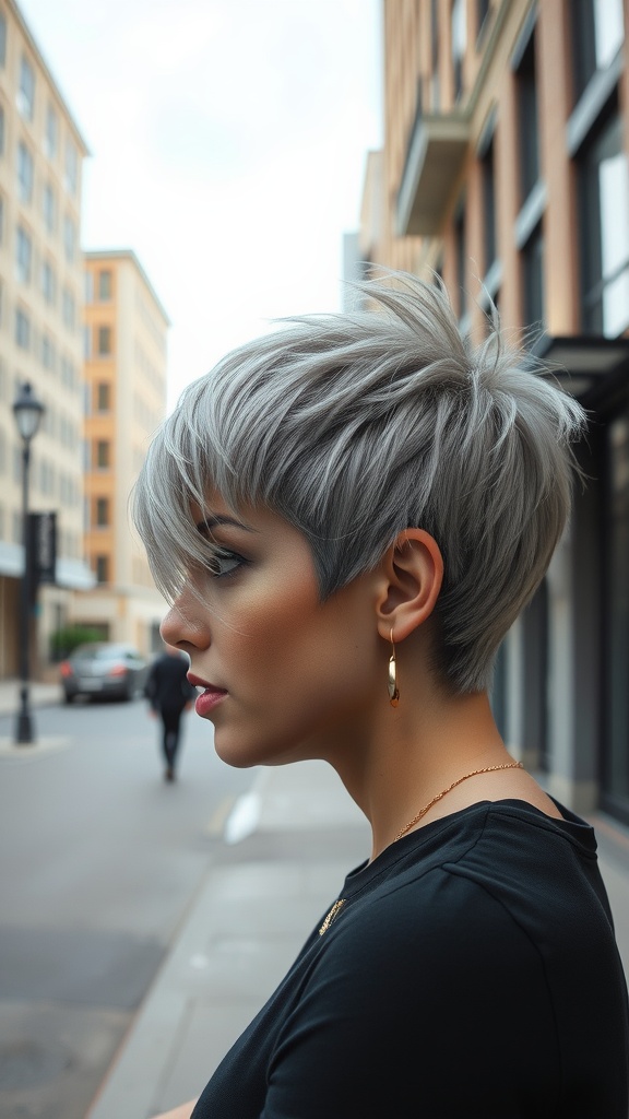 A woman with an edgy pixie bob hairstyle, featuring textured layers and a stylish appearance.