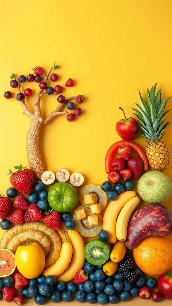 Colorful fruit arrangement shaped like a tree on a yellow background