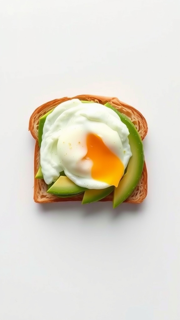 A slice of toast topped with avocado and a poached egg.