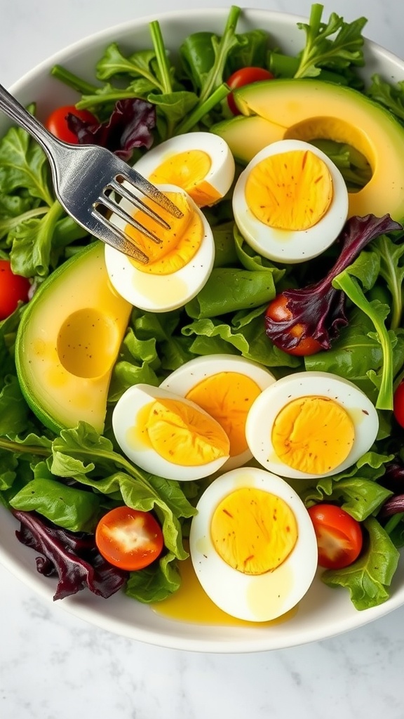 Egg and Avocado Salad with greens and cherry tomatoes