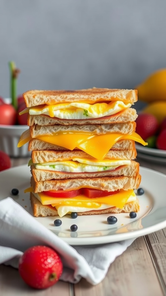 Stack of egg and cheese breakfast sandwiches on a plate with a side of fruit.