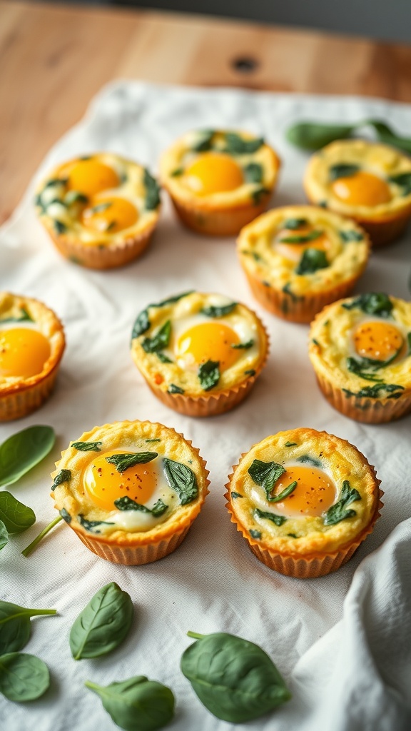 Egg and Spinach Breakfast Muffins on a white cloth