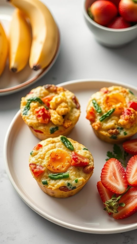 Three egg and veggie muffins on a plate with strawberries