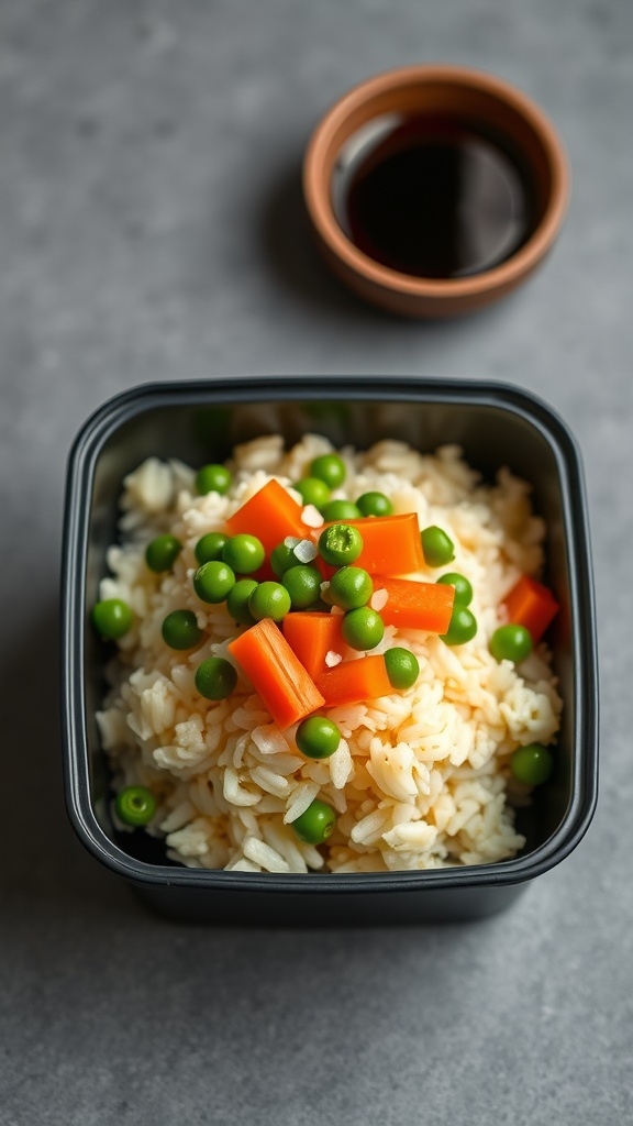A bento box filled with egg fried rice topped with peas and carrot pieces