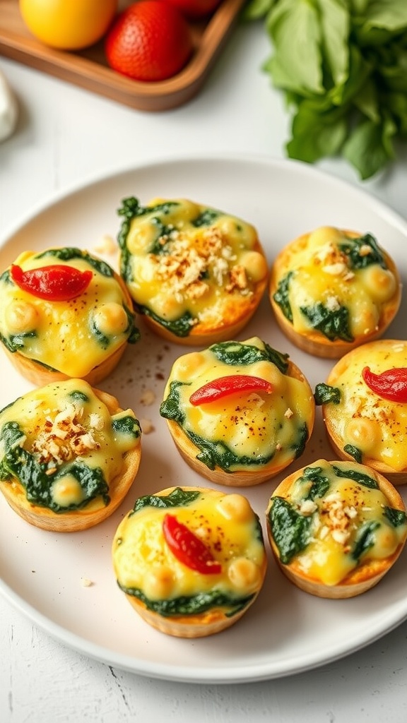 Egg muffins with spinach and cheese on a plate, garnished with cherry tomatoes.