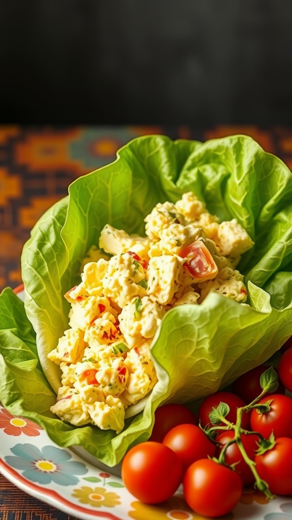 Egg salad served in lettuce wraps with cherry tomatoes on the side.