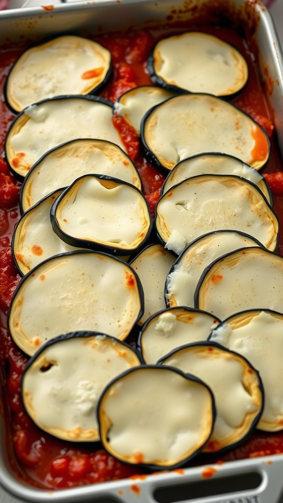 Delicious eggplant lasagna slices baked with marinara sauce and cheese.