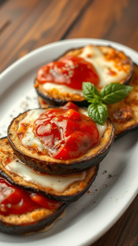 Delicious eggplant parmesan stacks with cheese and sauce.