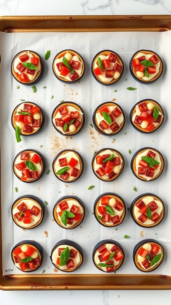 A tray of baked eggplant pizza bites topped with cheese, bell peppers, and fresh basil.