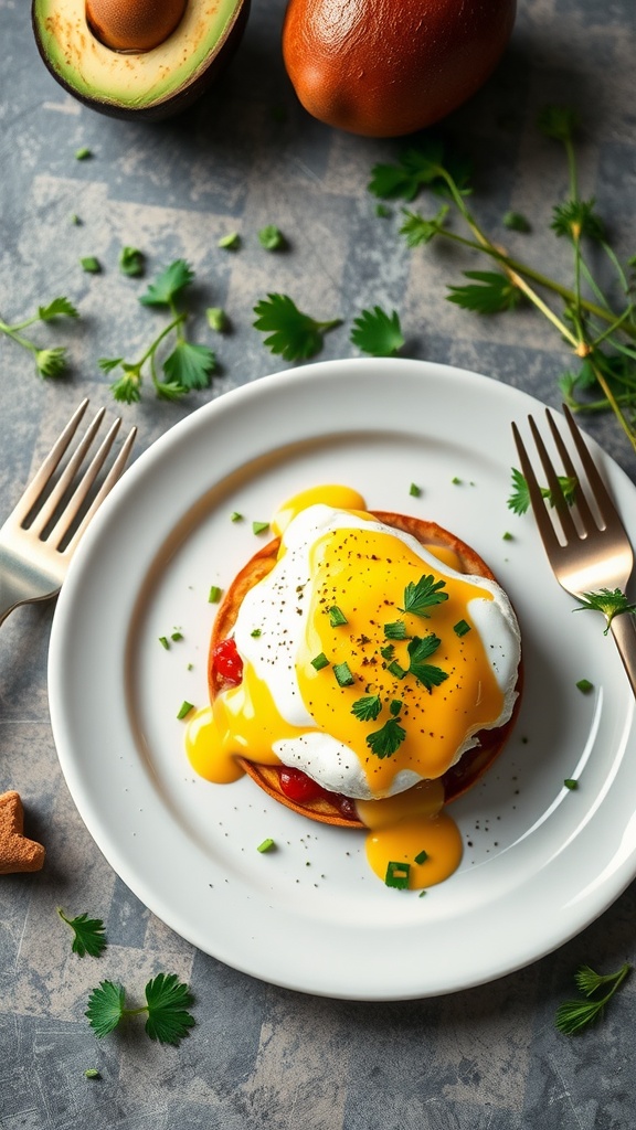 A plate of Eggs Benedict with avocado, garnished with herbs.