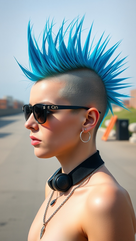 A person with an electric blue mohawk hairstyle, wearing sunglasses and a stylish necklace.