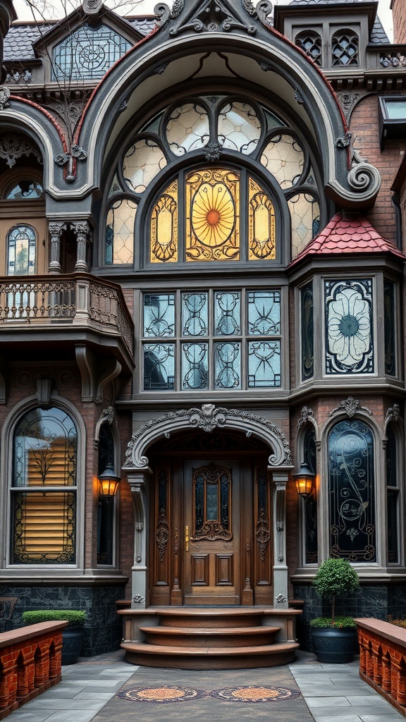 Elegant Art Nouveau home with stained glass windows and ornate wooden door.