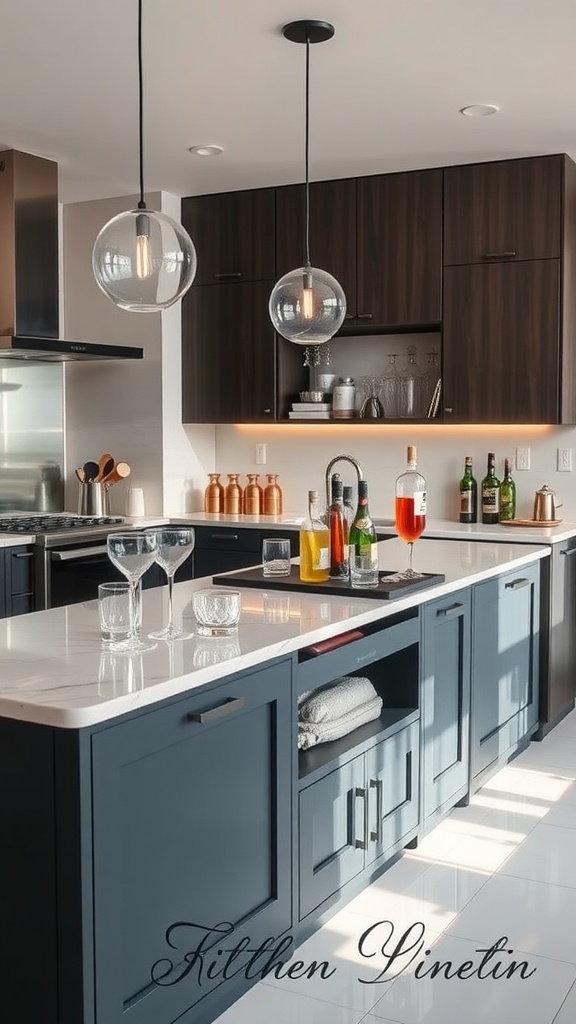 Elegant kitchen island with bar setup, featuring stylish lighting and dark cabinetry.