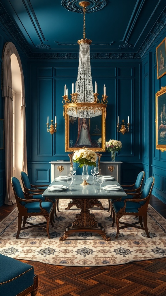 Elegant blue formal dining room with chandelier and ornate decor