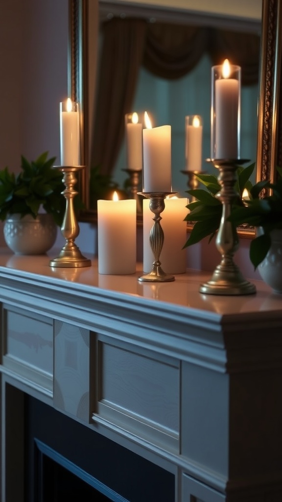 A stylish fireplace mantle adorned with elegant candle holders and candles.