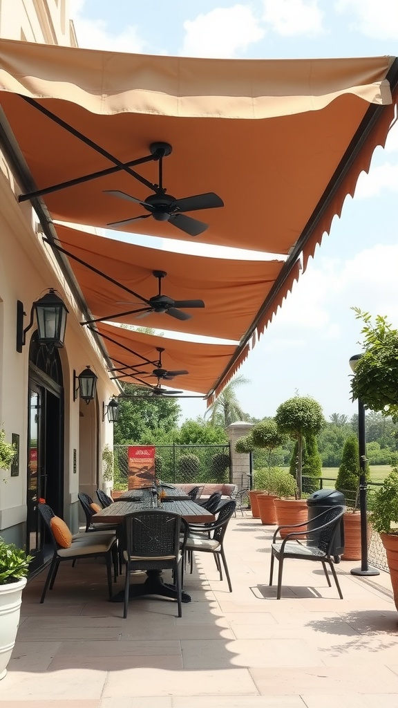 A beautifully designed outdoor patio with elegant canopy shades, featuring a large table and chairs, potted plants, and a serene green background.
