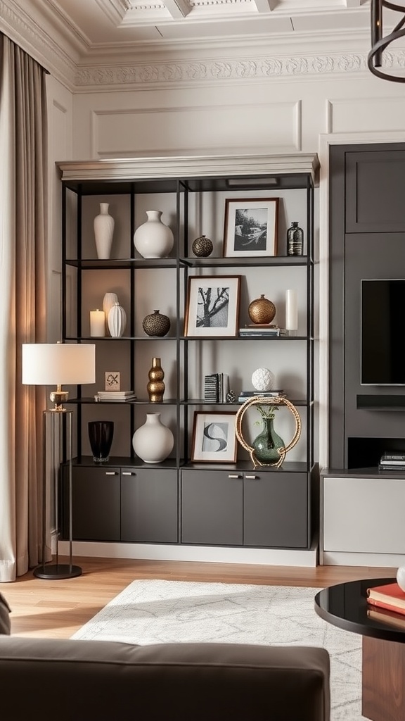 Elegant corner shelf display in a living room with decorative items and framed pictures.