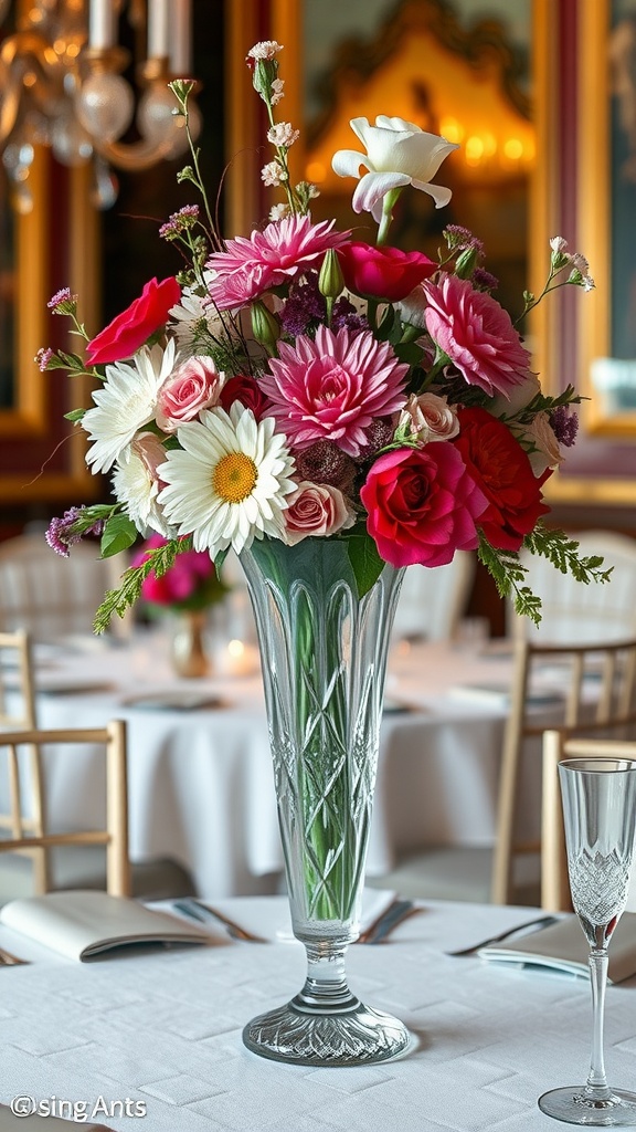 Elegant crystal vase filled with colorful flowers on a dining table