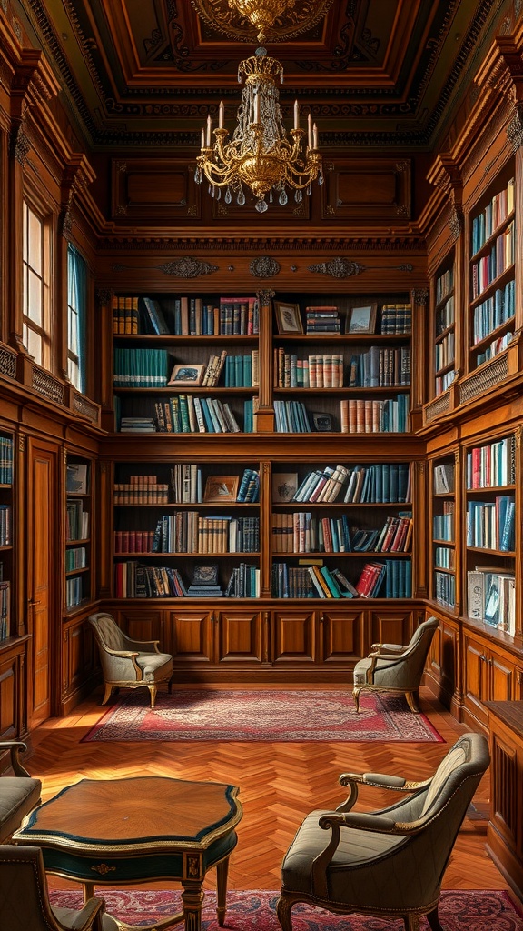 An elegant library featuring wooden shelves filled with books, classic furniture, and a chandelier.