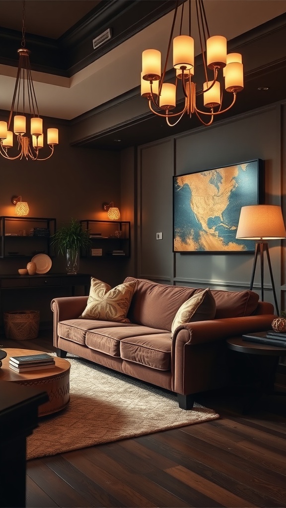 Cozy living room with elegant brown couch and warm lighting fixtures.