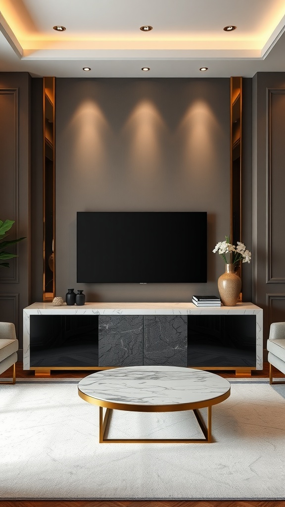 Elegant living room with a marble top TV stand and modern decor