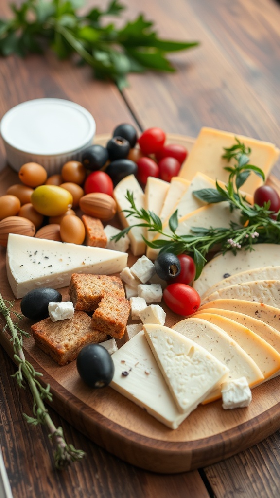 An elegant Mediterranean cheese board featuring various cheeses, olives, nuts, and fresh herbs.