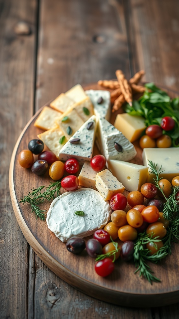 A stylish Mediterranean cheese board featuring assorted cheeses, colorful tomatoes, and fresh herbs on a wooden platter.