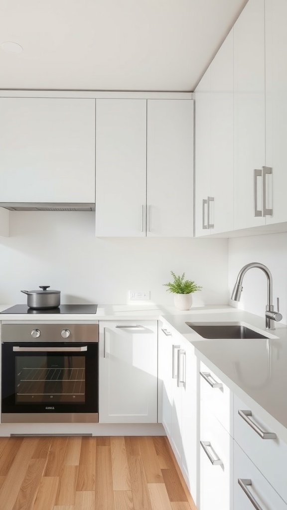 Modern kitchen with elegant minimalist white cabinets and wooden flooring.