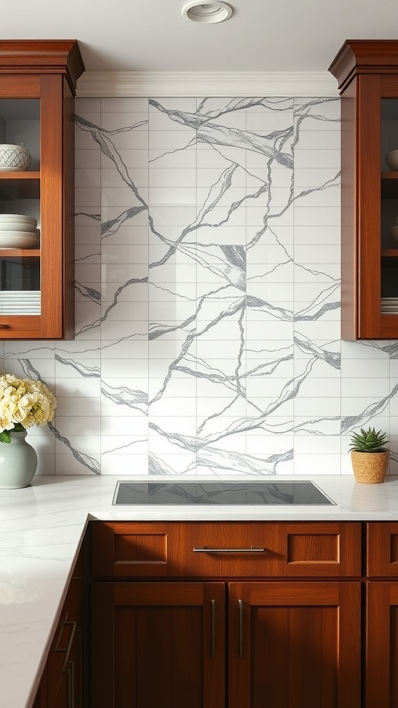 A modern kitchen with elegant porcelain tile backsplash featuring a marbled design, complemented by wooden cabinets and a sleek countertop.