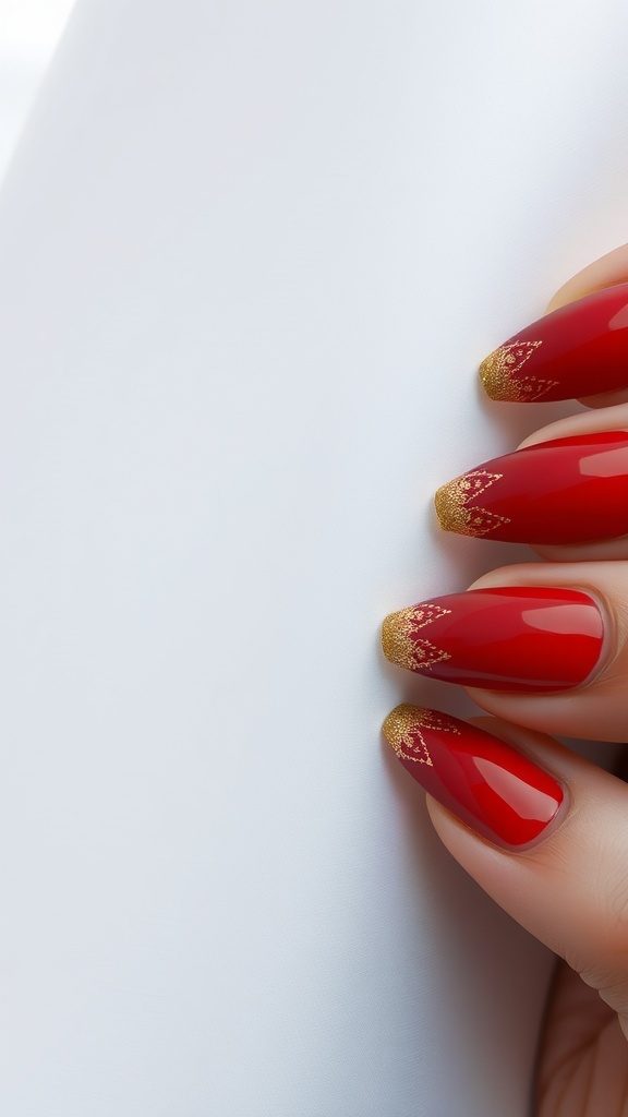 Elegant red ombre nails with gold tips and designs