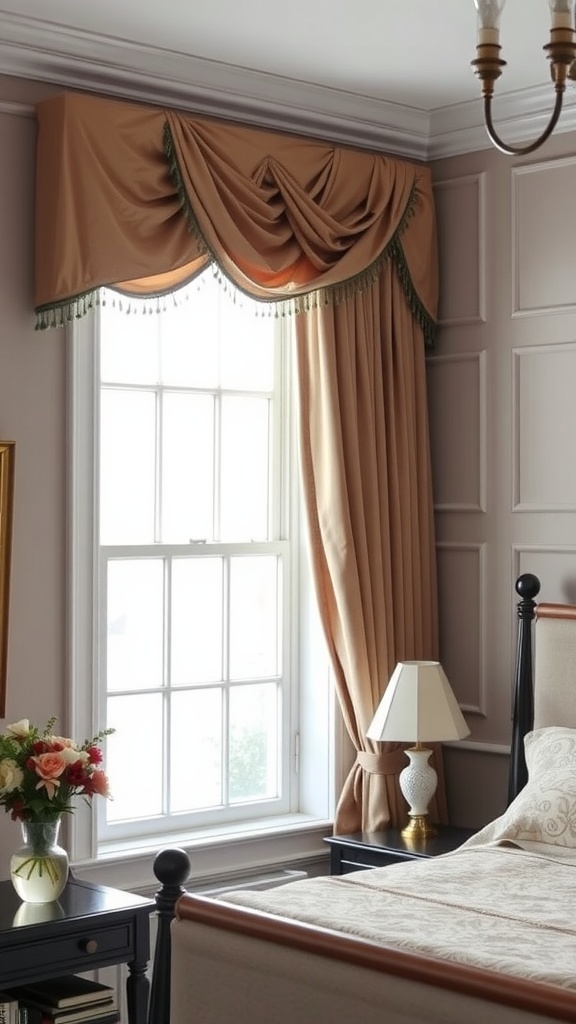 Elegant swagged valances in a bedroom with draped fabric and tassel trim.