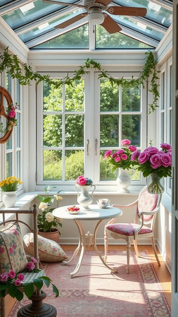 A bright sunroom with floral decor featuring a small table and chairs, surrounded by greenery.