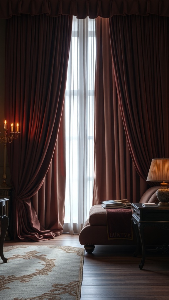 Elegant velvet curtains in a bedroom setting, complemented by sheer curtains and stylish furniture.