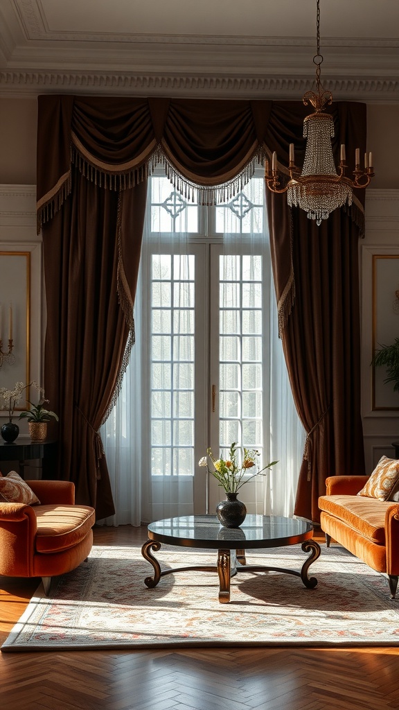 A luxurious living room featuring elegant velvet curtains draped over large windows.